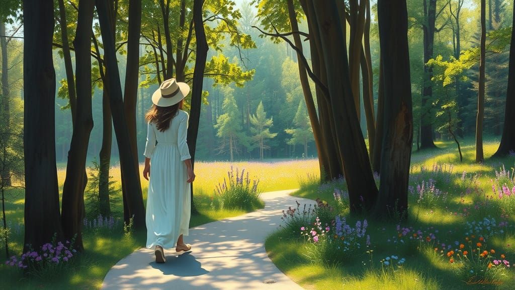 Serene Woman in Whimsical Wildflower Clearing, in the Style....