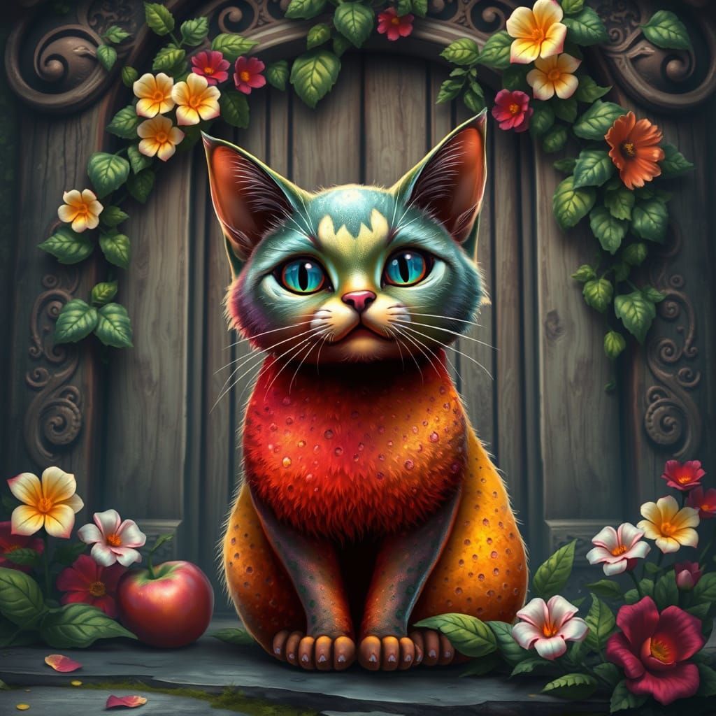 Whimsical Cat Meets Vibrant Fruit Before Ancient Wishing Gat...