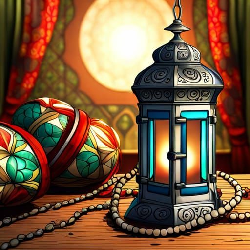 Antique Lantern Amidst Treasures in Fractal Watercolor Style