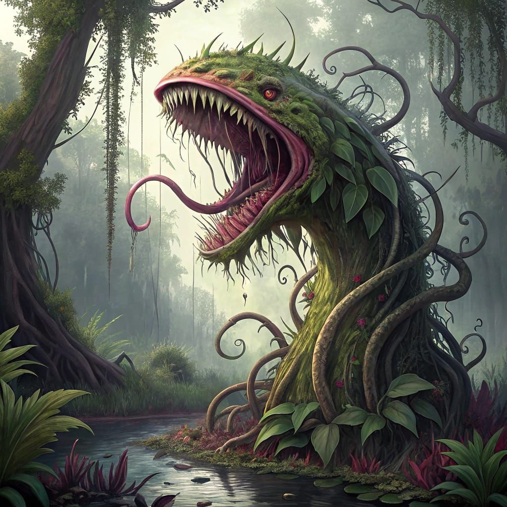 Monstrous Carnivorous Plant in Primeval Swamp