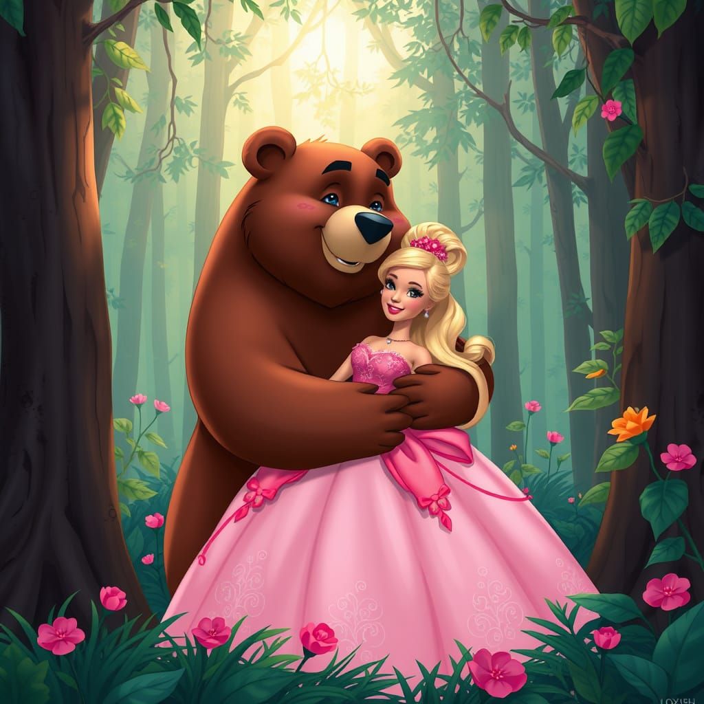 Bear Hugs Barbie Doll in Disney Style Forest