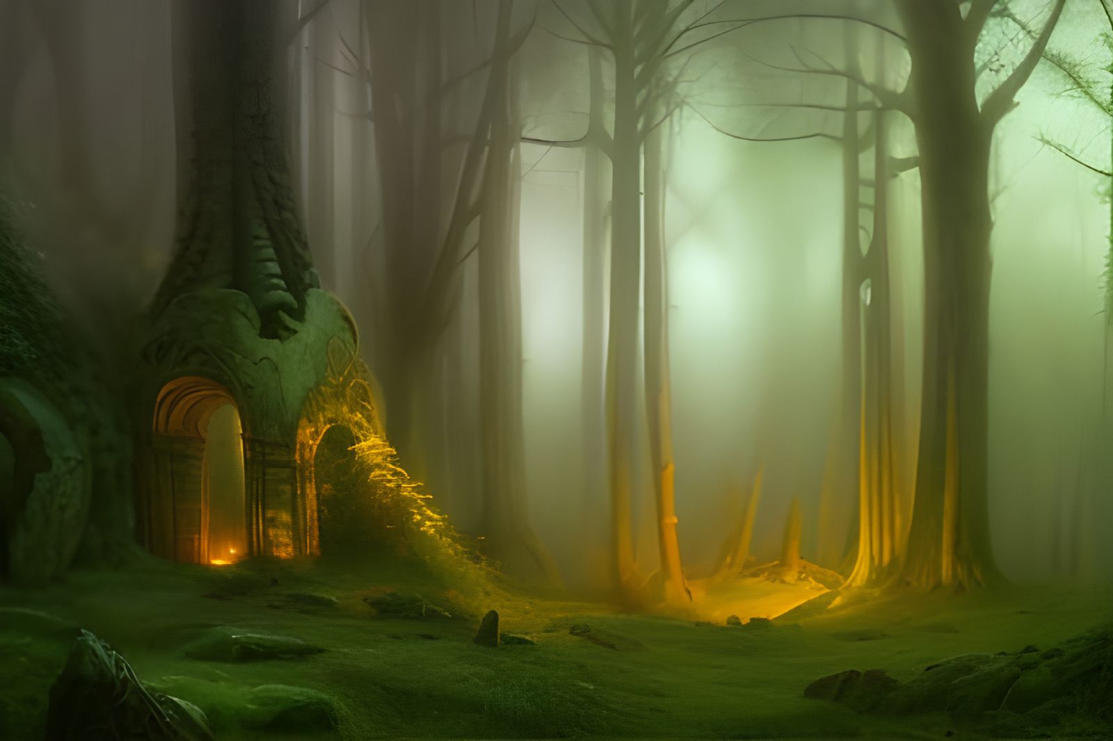 Imposing Elven Fortress Ruins in Misty Forest