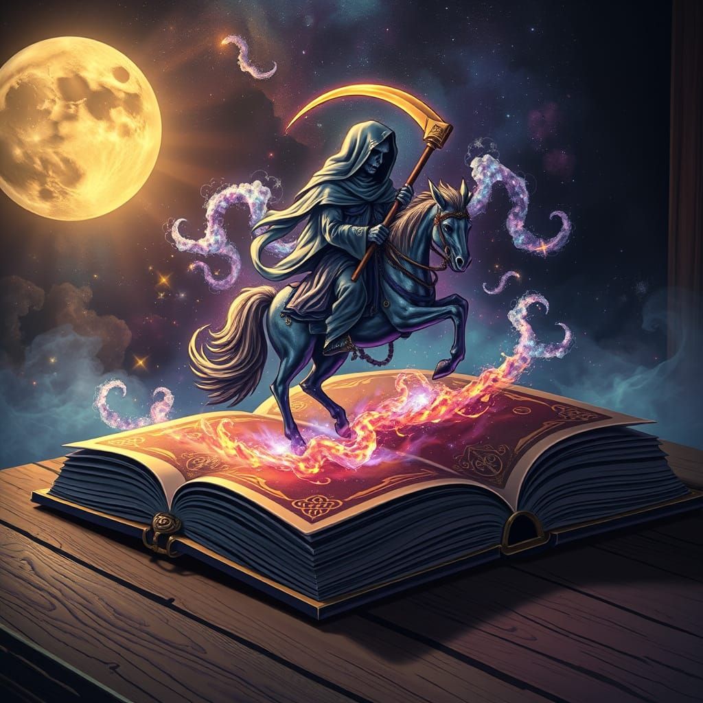 Cosmic Grim Reaper Rides Starlight Horse in Enchanted Book S...