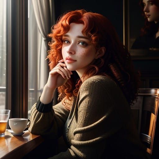 Cute Café Scene with Curly Red-Haired Young Woman