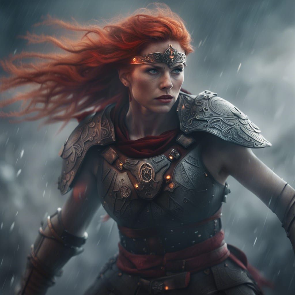 Red-Haired Valkyrie Emerges from Battle Fog