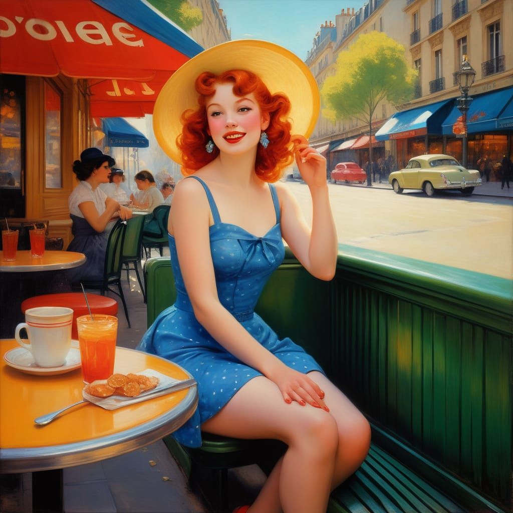 Paris Cafe Scene in Impasto Style with Neon Colors
