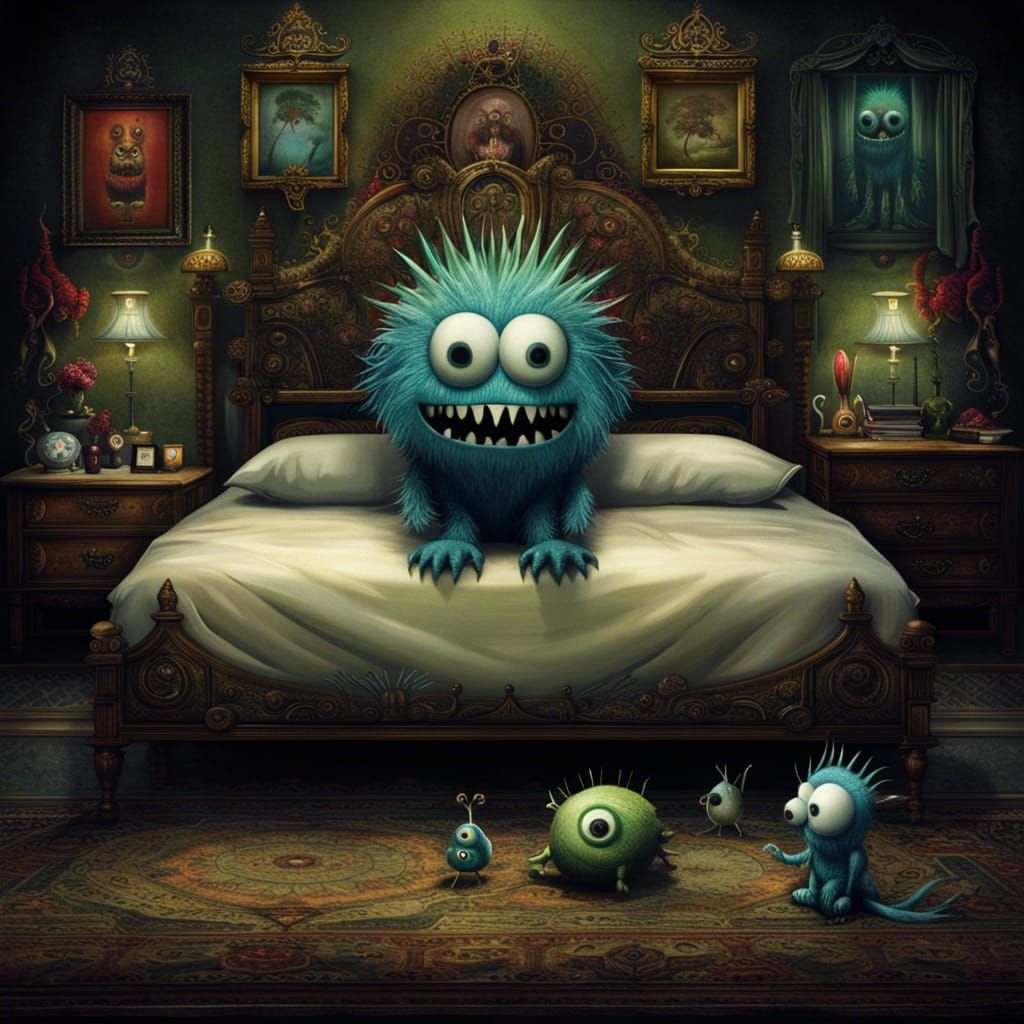 Symmetrical Monster on Bed, Dark Fantasy Illustration