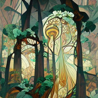 Art Nouveau Forest Painting by Alphonse Mucha