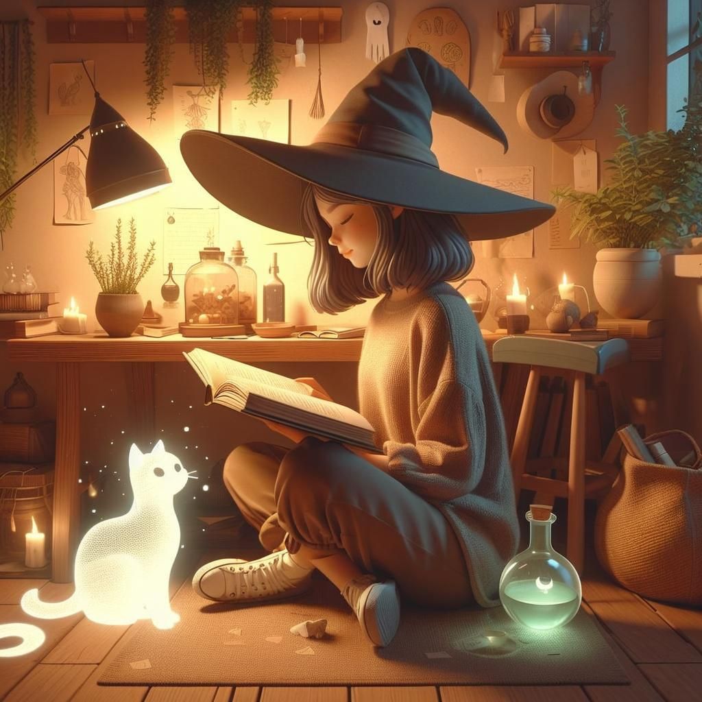 Cozy Witch Study with Ghostly Cat Companion