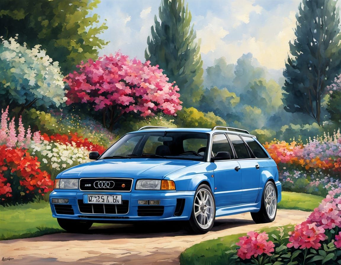 Elegant 1994 Blue Audi RS2 Avant Car in Gouache Style