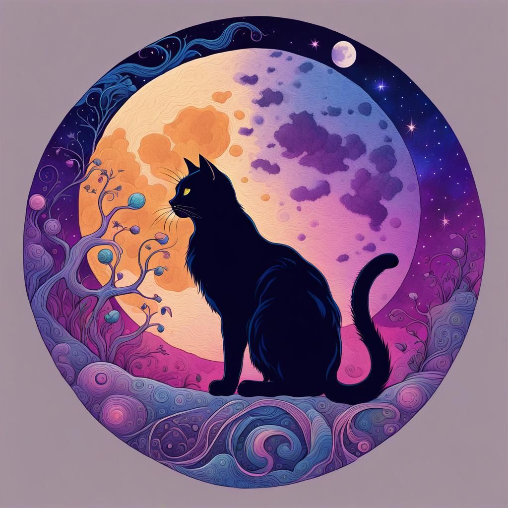 Cosmic Cat Silhouette Against a Giant Moon
