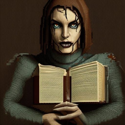 Pixel Art: Human Figure of Books in Dark Waters