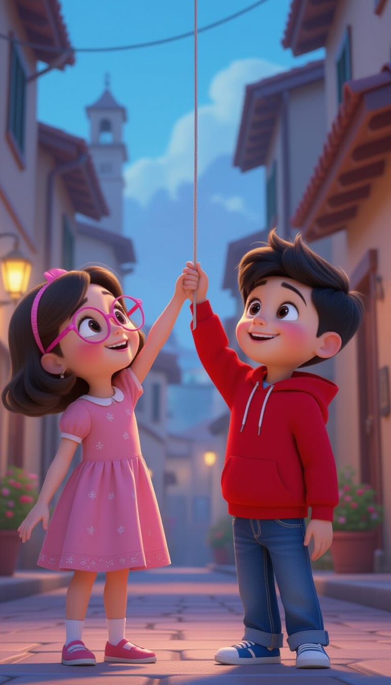 Children Guiding String, Vibrant 3D Disney Pixar Style
