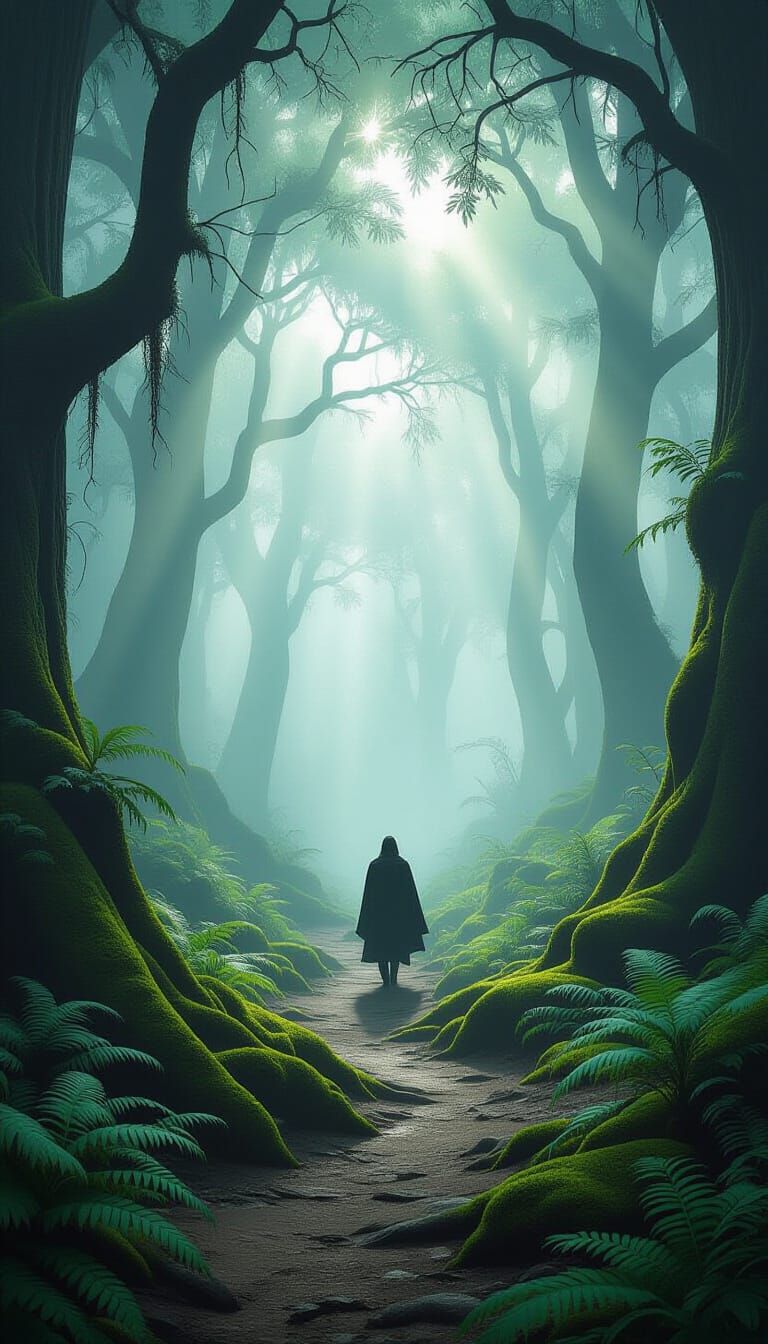 Mysterious Figure in Foggy Ancient Forest