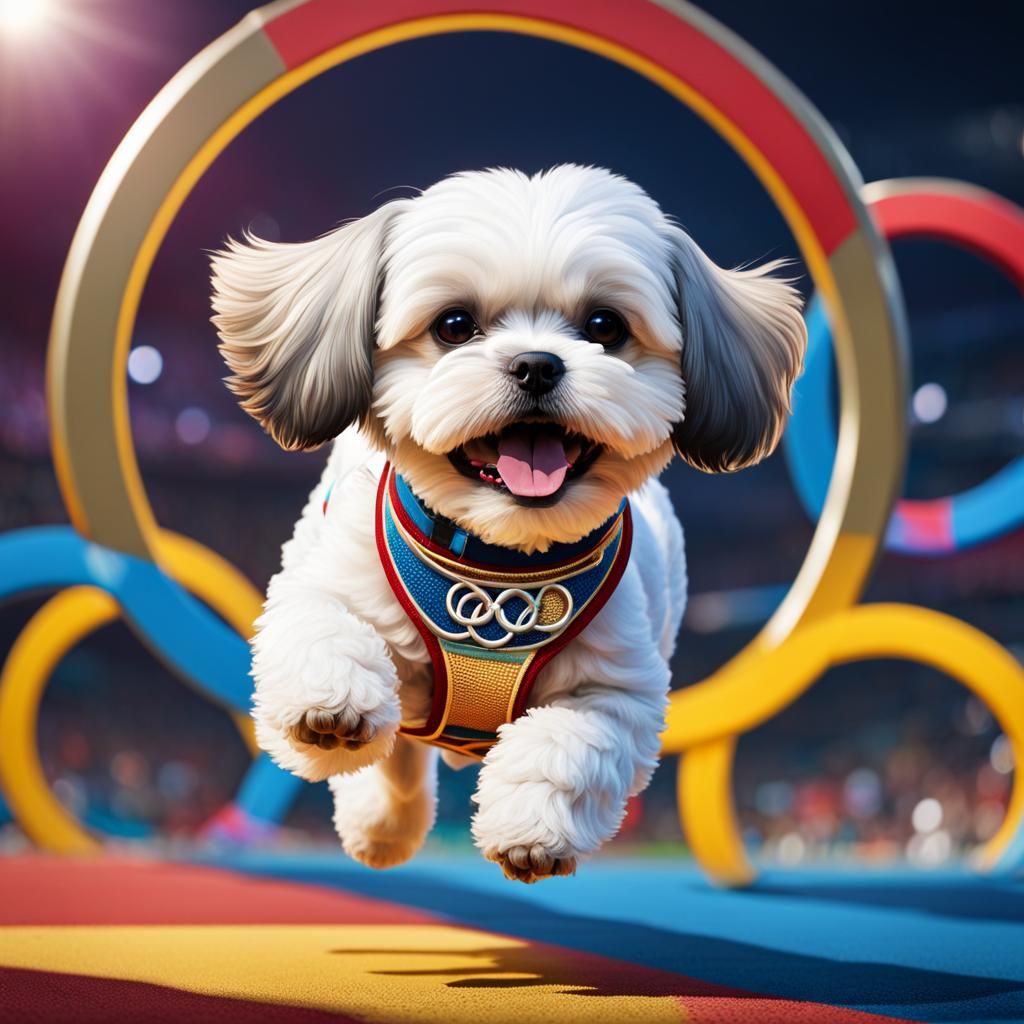 My dog "Apollo" a Bichon-Shih tzu in an Olympic outfit jumpi...