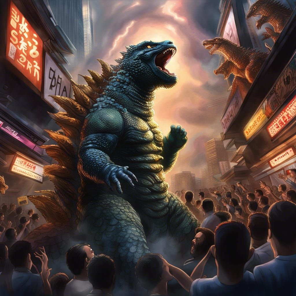 Godzilla Sings Karaoke: Hyperrealistic Splash Art