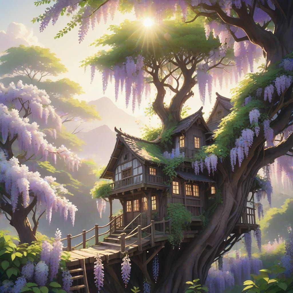 Surreal Woodland Treehouse in Full Bloom with Wisteria and C...