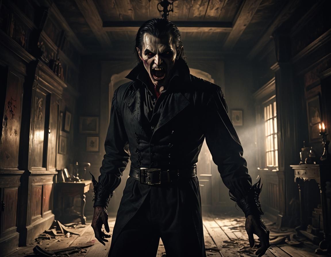 Menacing Vampire Portrait in Dimly Lit House