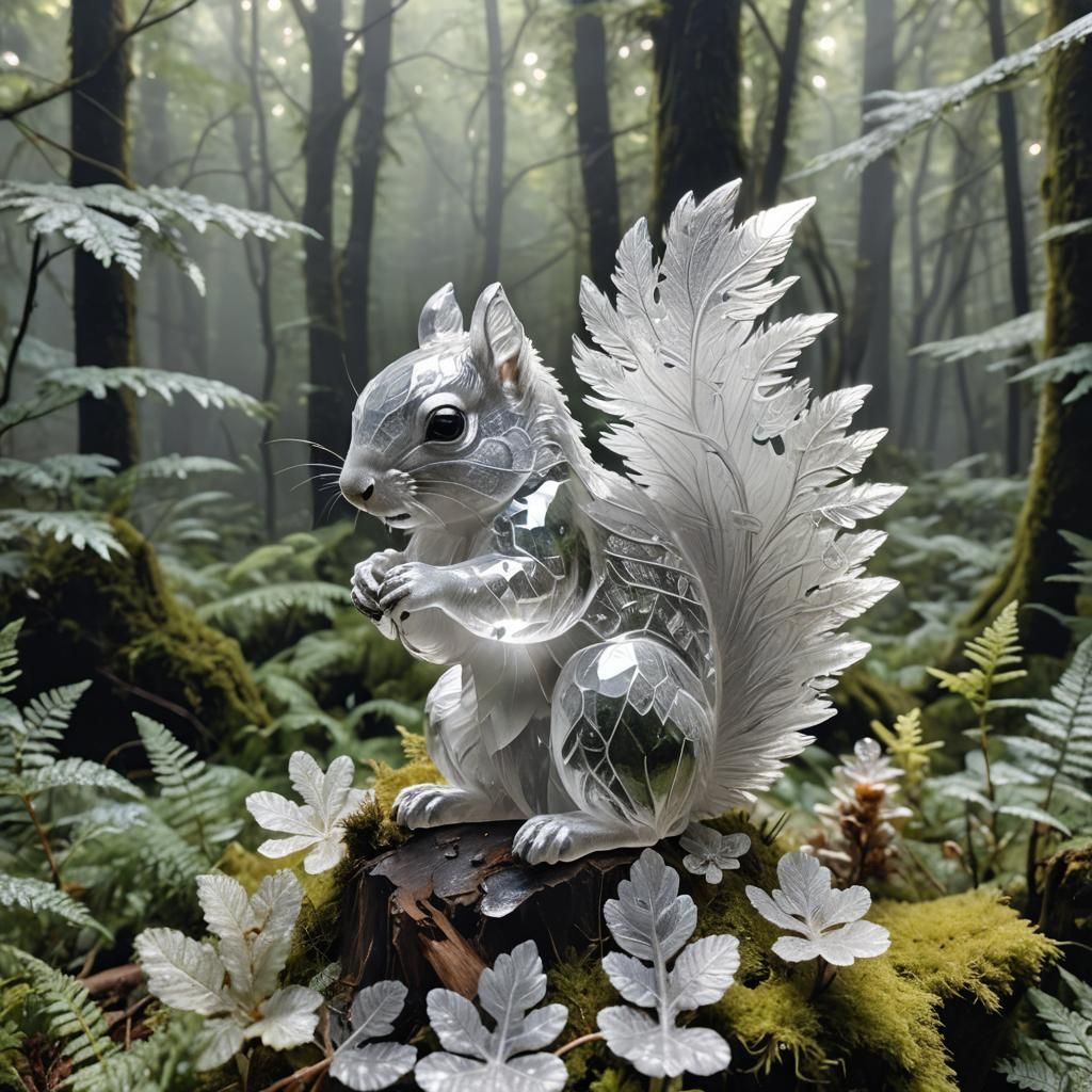 Crystal Squirrel in Ethereal Forest: Fantasy Art