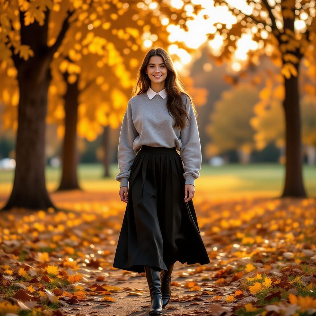Young French Girl in Fall Park, Golden Hour