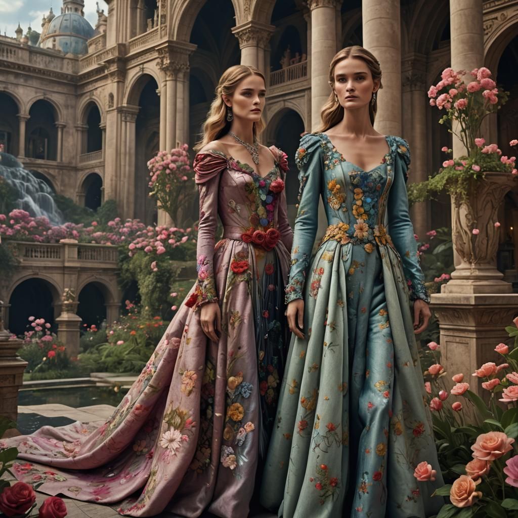 Rosie Huntington and Keira Knightley in Flower Gowns