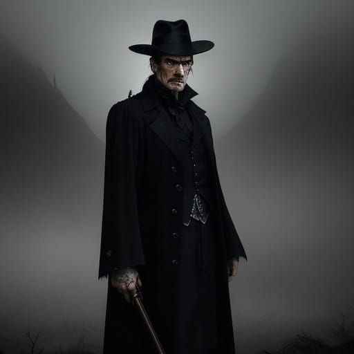 Gothic Hero Emerges from Shadowy Landscape