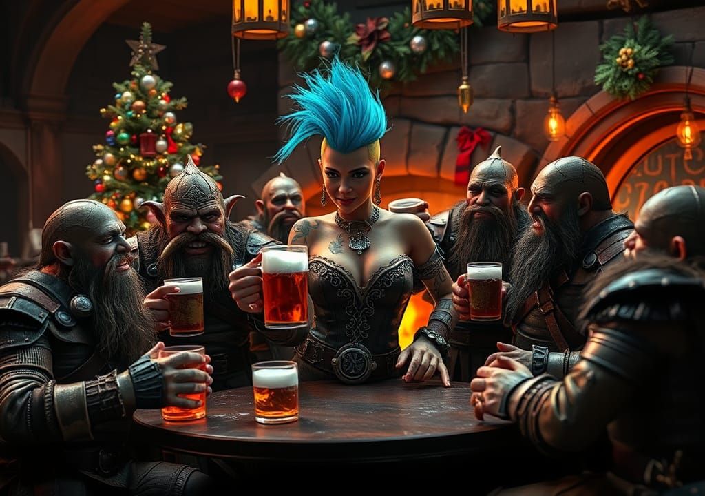 Orks Celebrate Christmas in Medieval Tavern, Digital Art