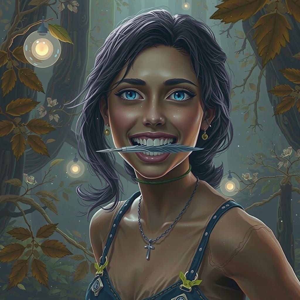 Young Artist Lost in Mystical Forest with Glowing Quill