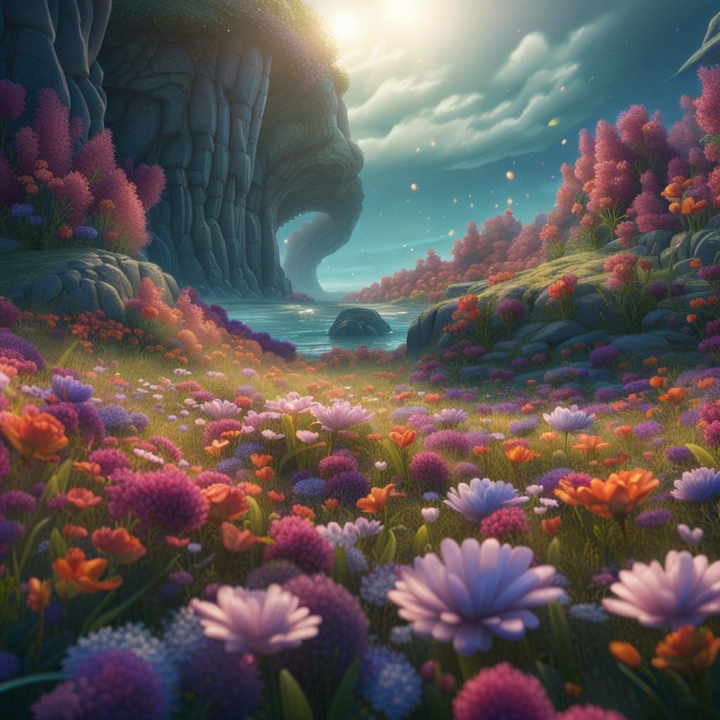 Fantasy Flower Meadow Landscape with Waves