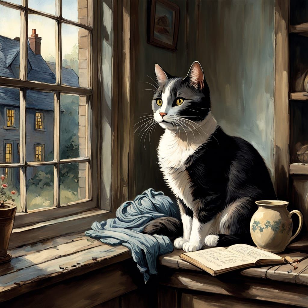 Surreal Whimsy: Tuxedo Cat by Golden Fireplace Light