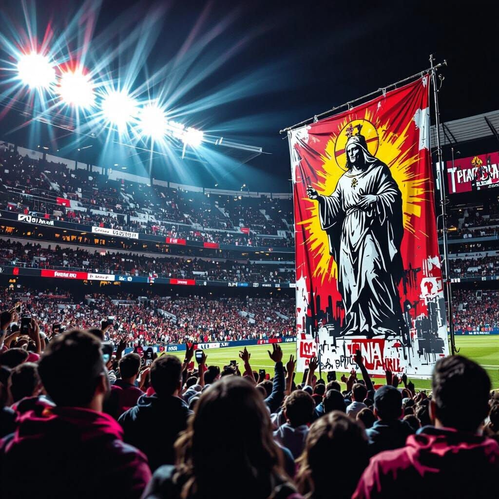 Genoa Stadium Crowd with Saint Banner in Urban Art Style