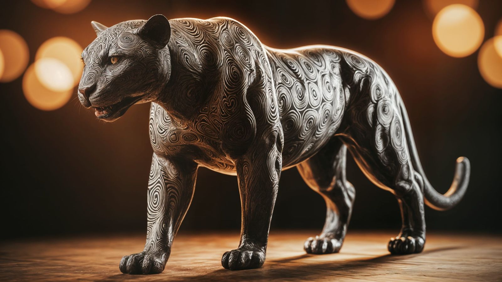 Damascus Steel Panther Sculpture in Cinematic Lighting