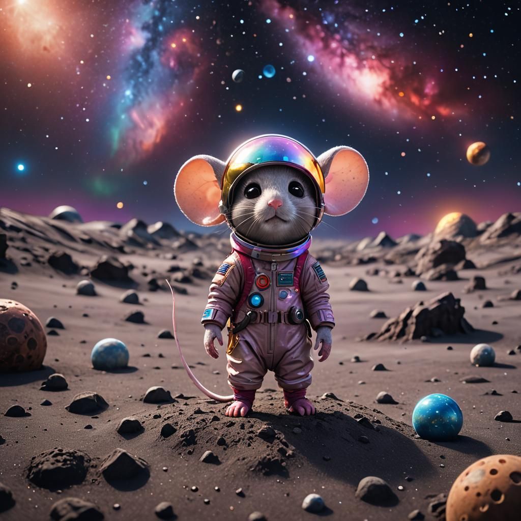 Chibi Mouse on Moon Under Northern Lights