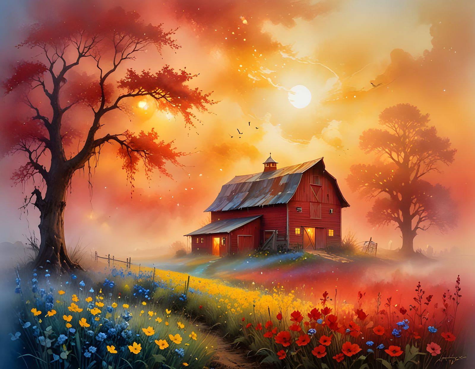 Surreal Barn Scene Under Ethereal Fog at Night