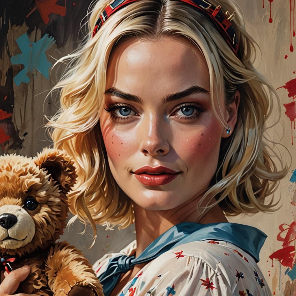Margot Robbie Portrait with Teddy Bear in Pin-Up Style