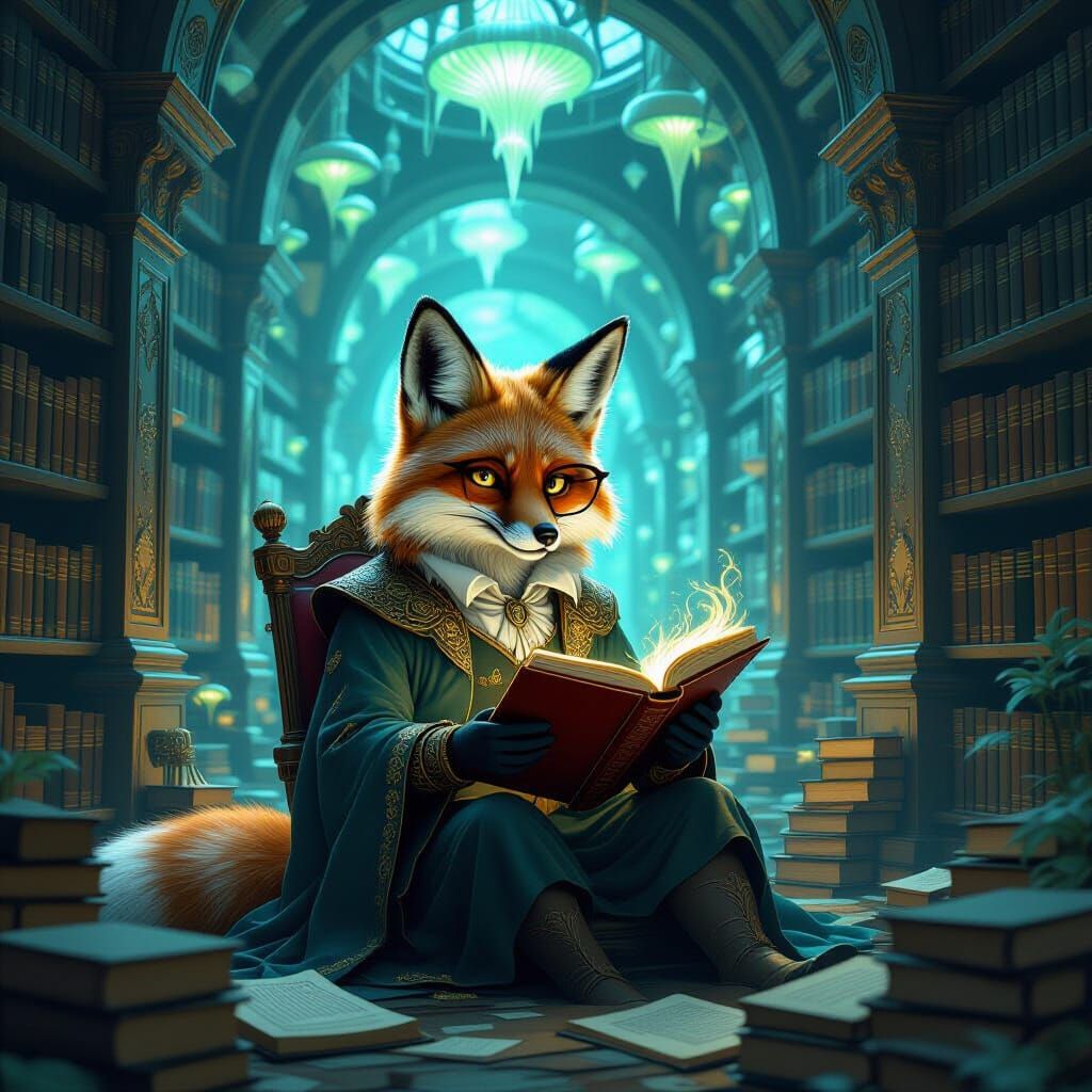 Fox Librarian in Mushroom-lit Library: Fantasy Art