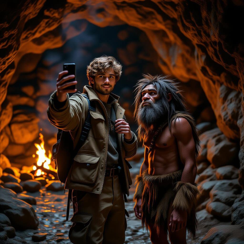 Selfie with a Neanderthal in a Cave