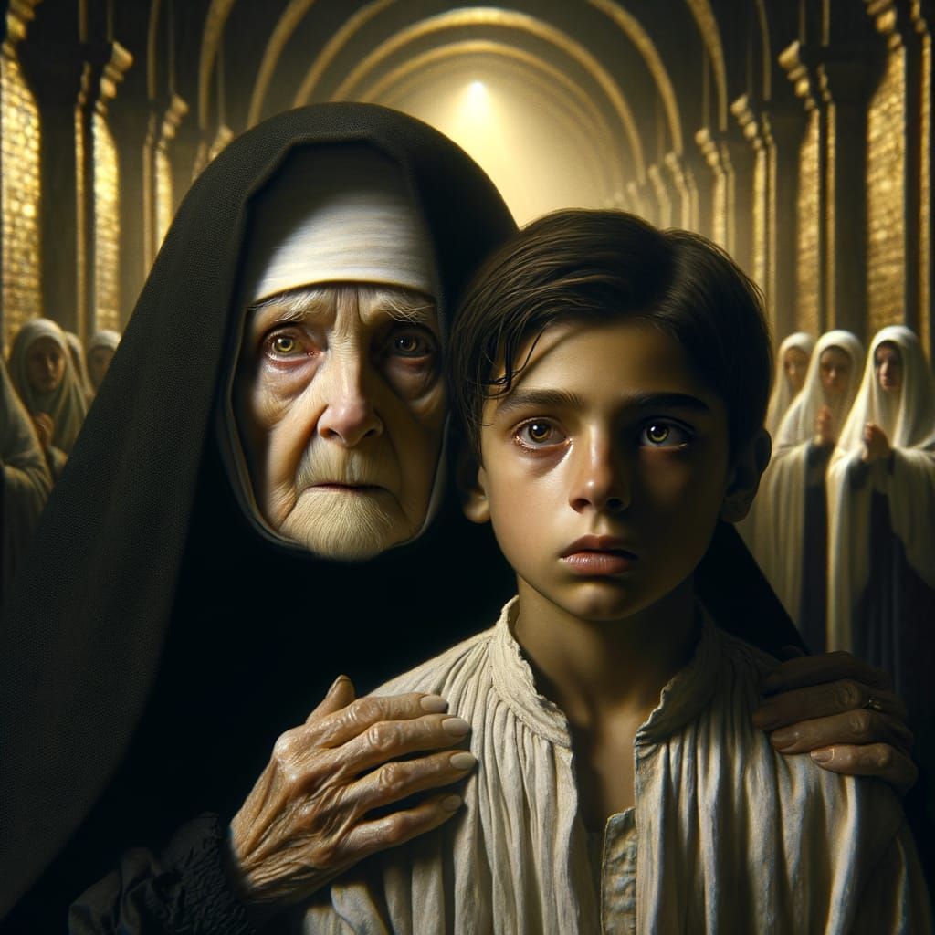 Sorrowful Woman Comforting Boy in Gothic Cathedral as Oil Pa...