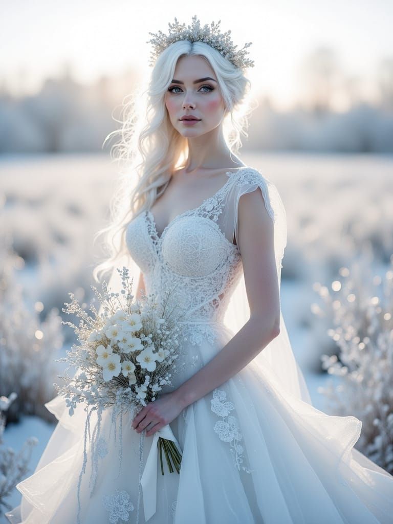 Ice Princess Bride in Snow with Iridescent Gown