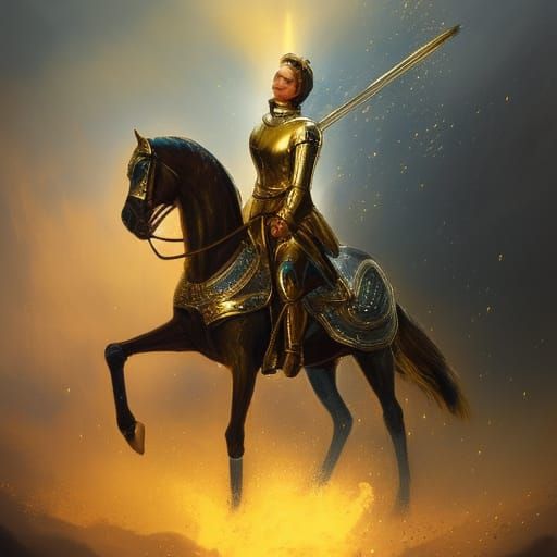 Jeanne d'Arc on her horse ; sparklings ;
triadic colors ; gold, teal and white
; 8k resolution concept art by Greg Ru...