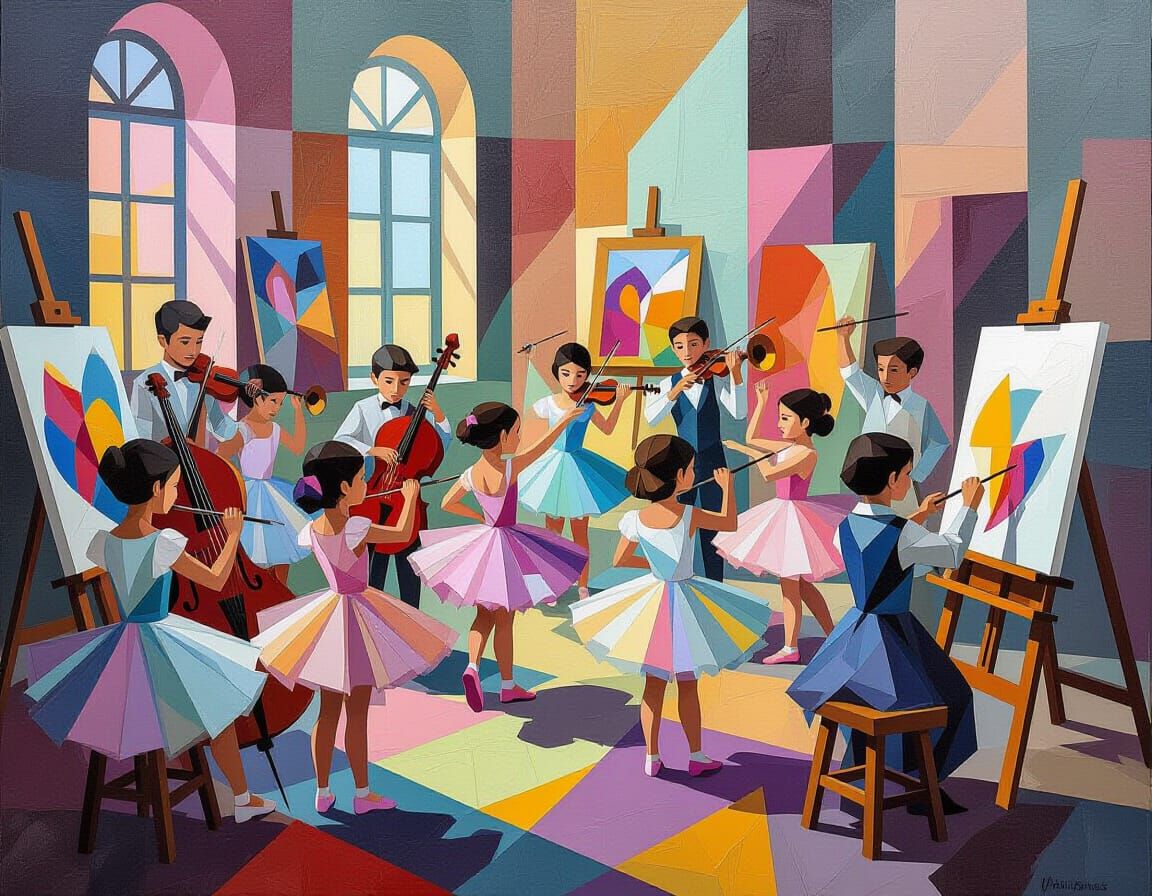 Vibrant Cubist Art School Scene with Children Creating Art