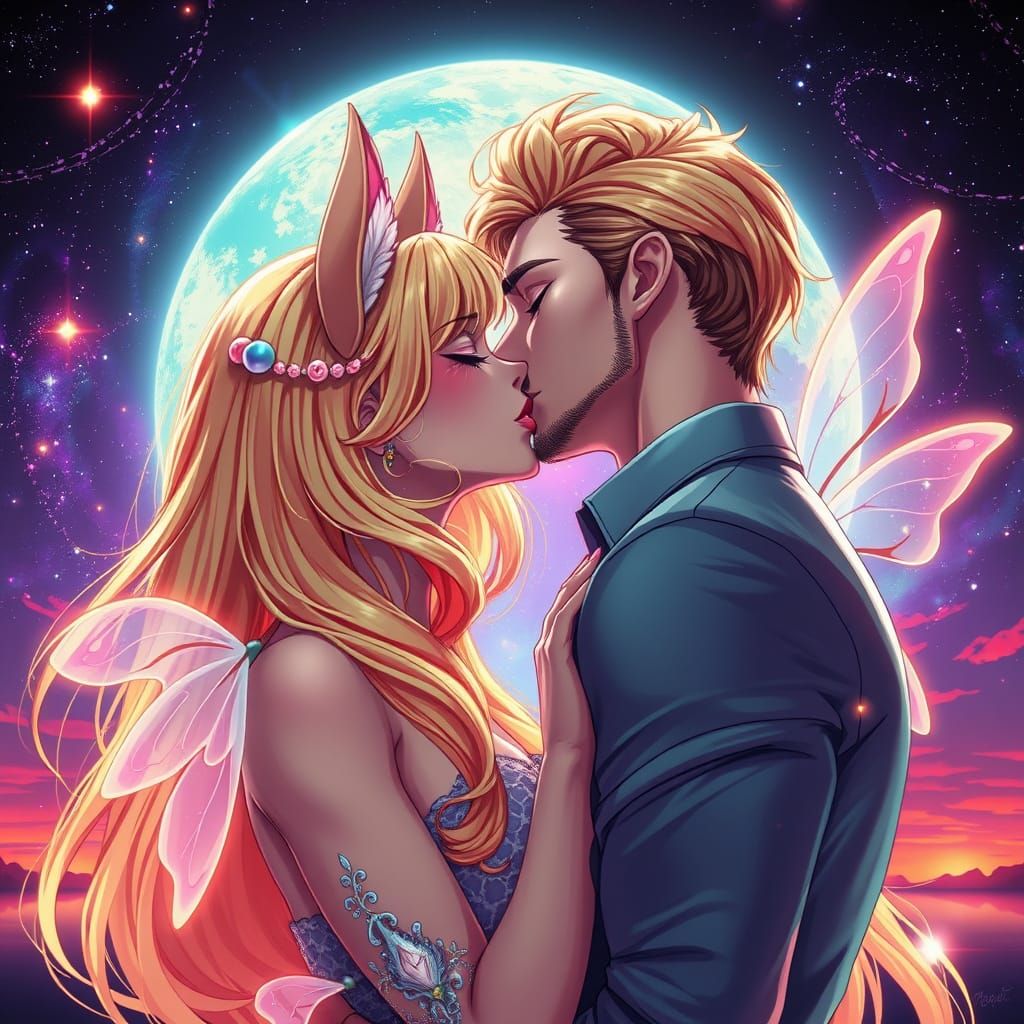 Hyper-Realistic Neko Princess and Handsome Man in Passionate...