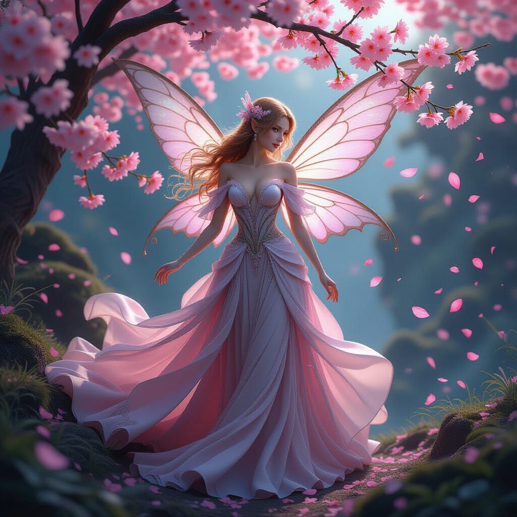 Detailed Fairy Amidst Cherry Blossoms in Rich Fantasy Art St...