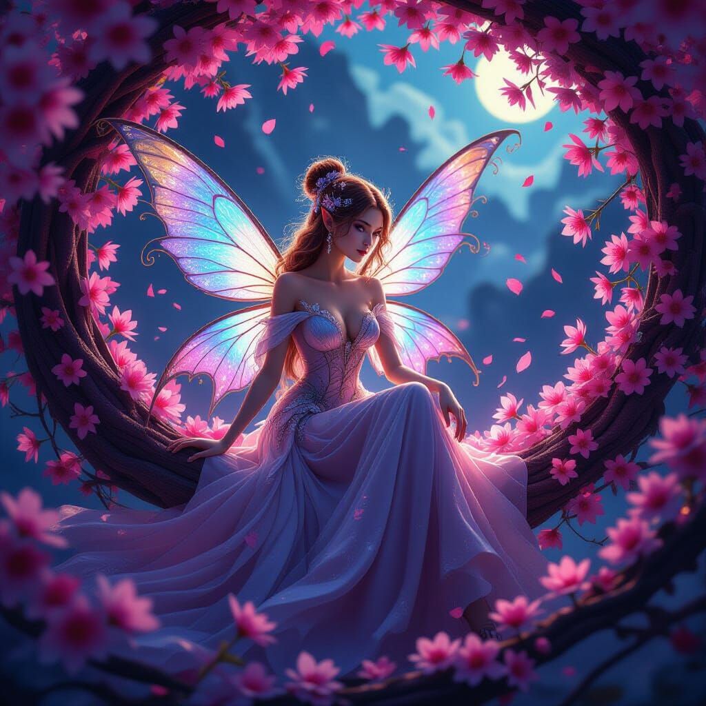 Intricate Fairy Amidst Cherry Blossoms in Ethereal Twilight