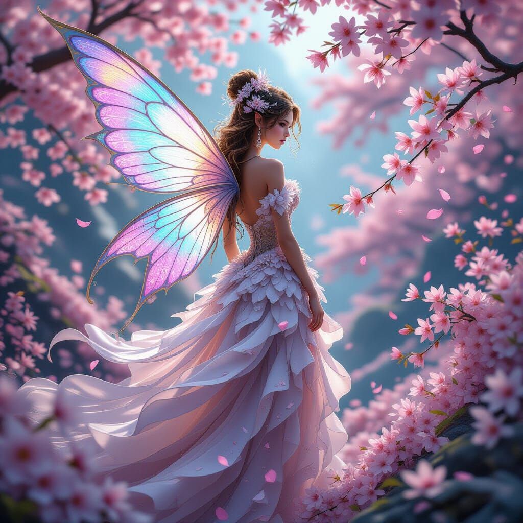 Detailed Fairy Amidst Cherry Blossoms in Matte Painting Styl...