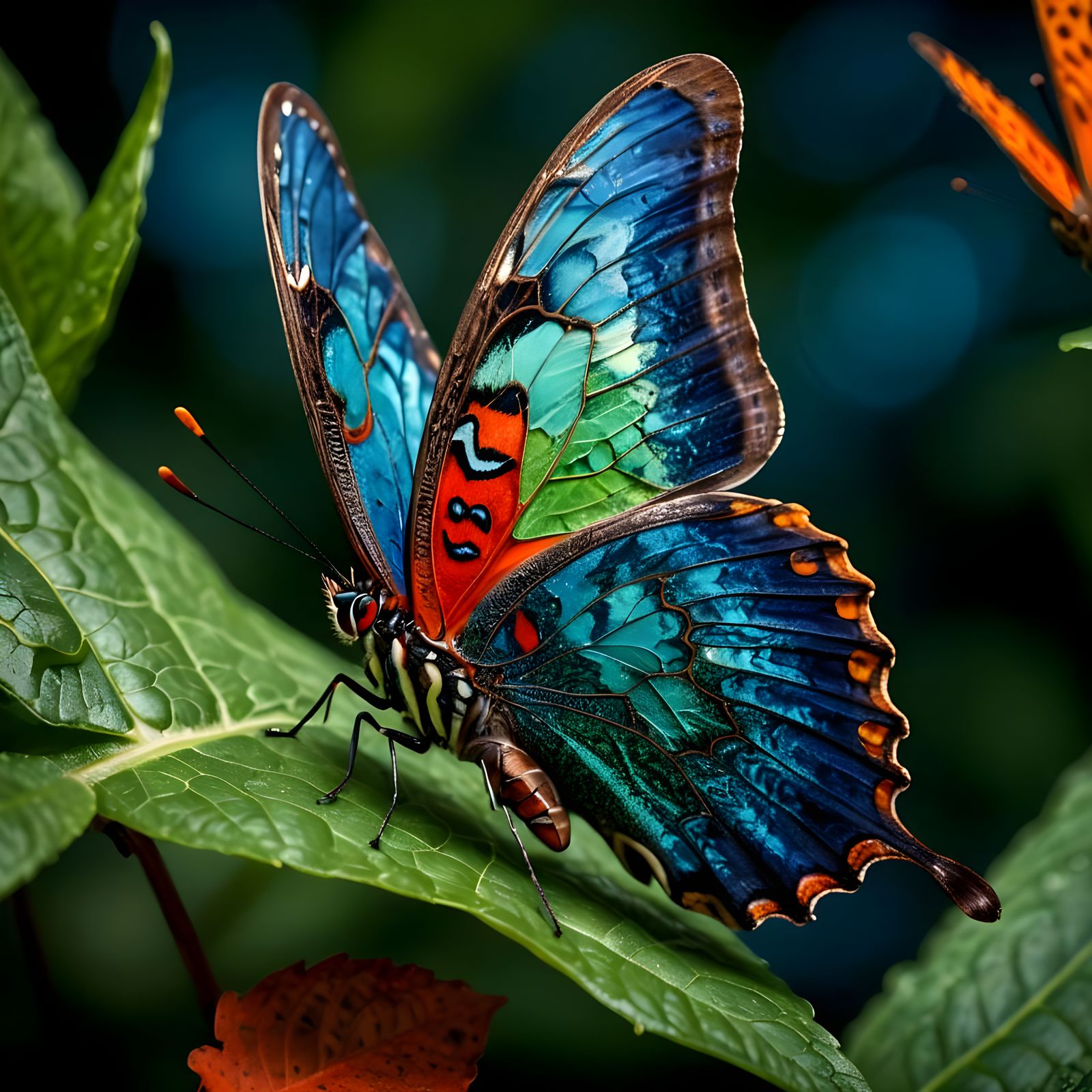 Vibrant Butterfly with Swirling Patterns on Leaf