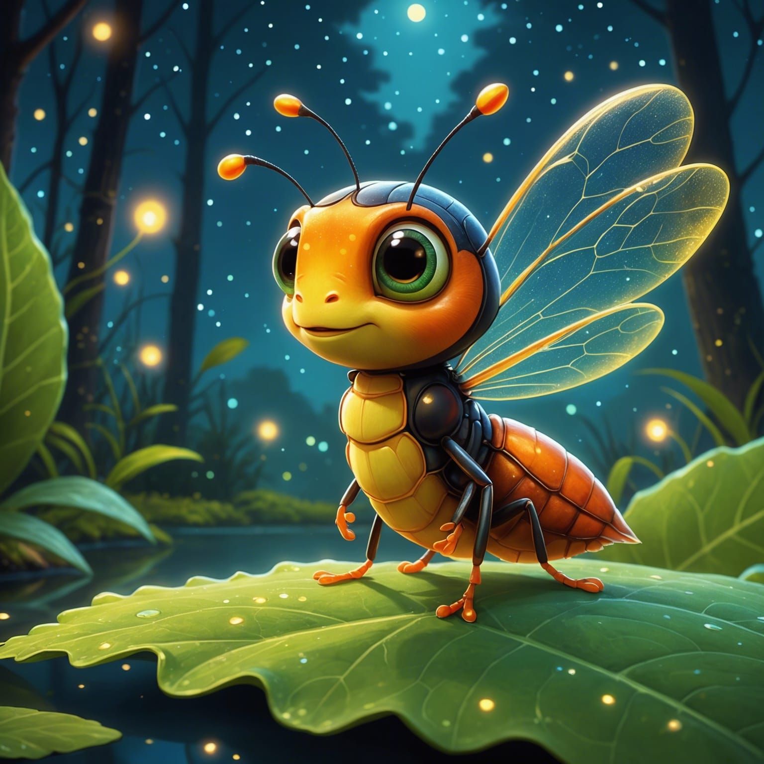 Cute Firefly in Bayou at Starry Night, Pixar Style