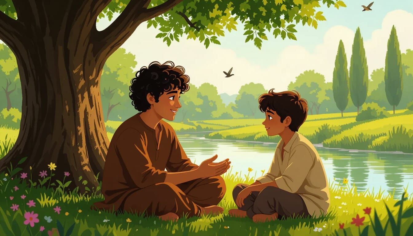 Ali Advising Ahmed in Lush Village Landscape