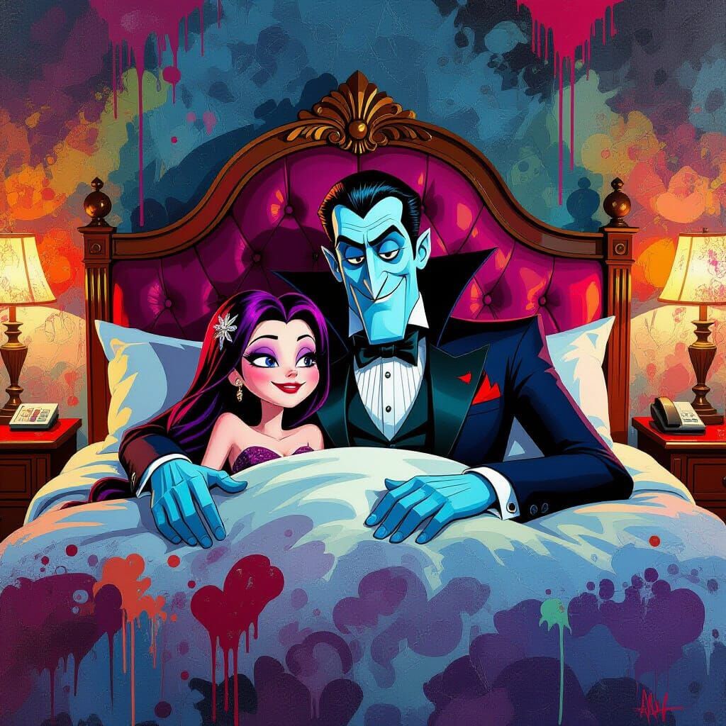 Dracula and Mavis in Polychromatic Graffiti Art Style