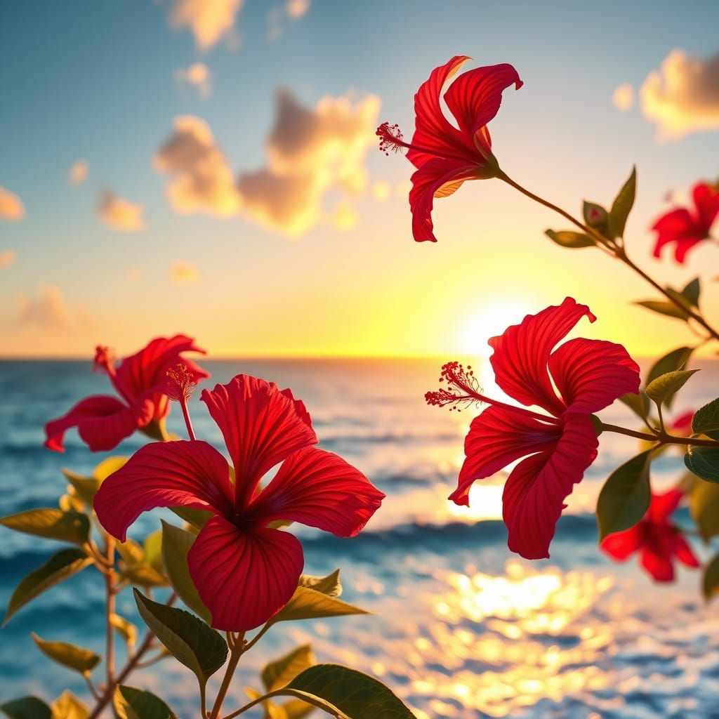 Sunset with Hibiscus in Dreamlike Digital Art